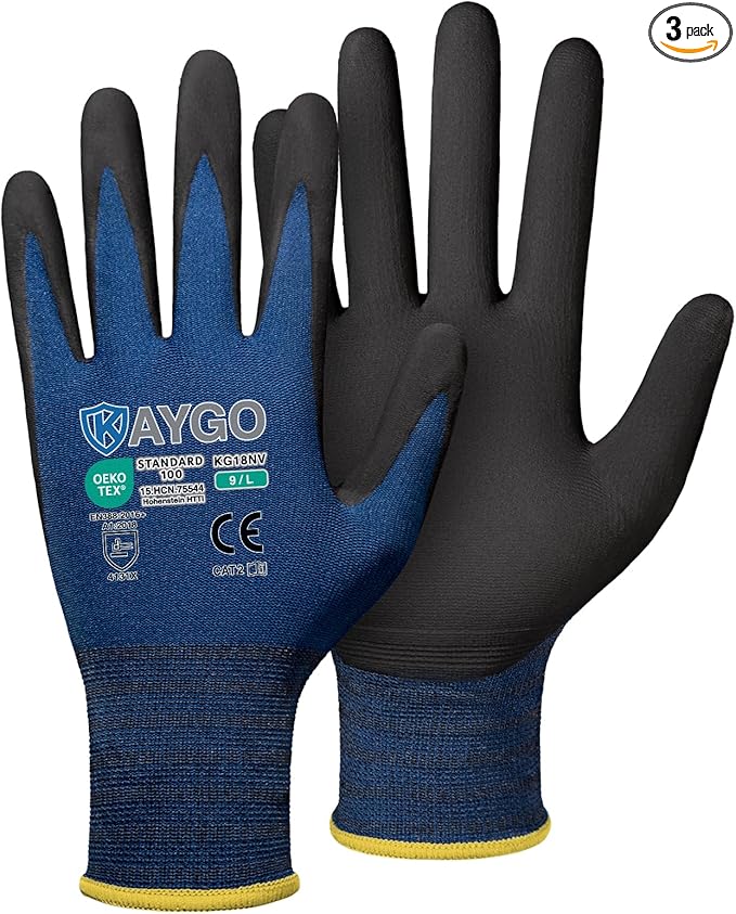 KAYGO Safety Work Gloves MicroFoam Nitrile Coated, 3 Pairs KG18NB,Seamless Knit Nylon Glove for Men and Women, Ideal for Automotive,Warehouse,Construction (L, Dark Blue)