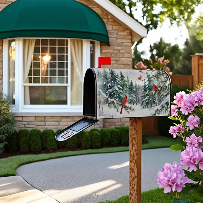 Winter Mailbox Covers Magnetic Standard Size Green Red Cardinal Bird Christmas Tree Snow Scene Theme Outdoor Decorative Holiday Seasonal Letter Box Cases for Home Garden Outside Decor, 21x18 Inch