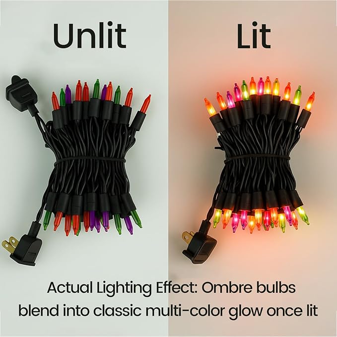 Fall Decorations String Lights– 100 Count Mini Purple Orange & Green Incandescent, 26.5ft Black Wire, UL Listed, Connectable up to 125ft, Christmas Lights for Indoor & Outdoor Home Decor