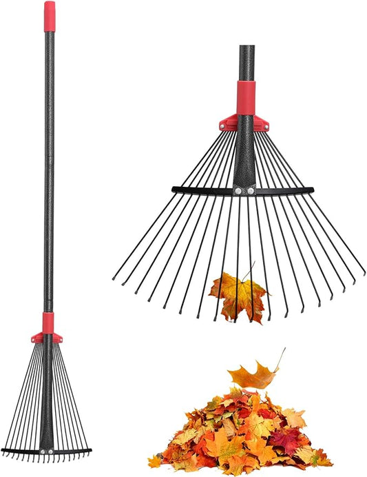 Garden Rake for Leaves: 55 Inch Adjustable Long Handle 18 Metal Tines with 8-17" Expandable Head Heavy Duty Metal Rake for Lawns Leaves Yard Grass Camping Debris