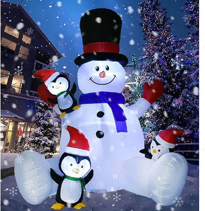 Lvydec Lighted Inflatable Snowman Christmas Outdoor Decoration - 8ft Blow Up Snowman with Built-in LED Lights and 3 Little Penguins for Christmas Holiday Yard Decoration