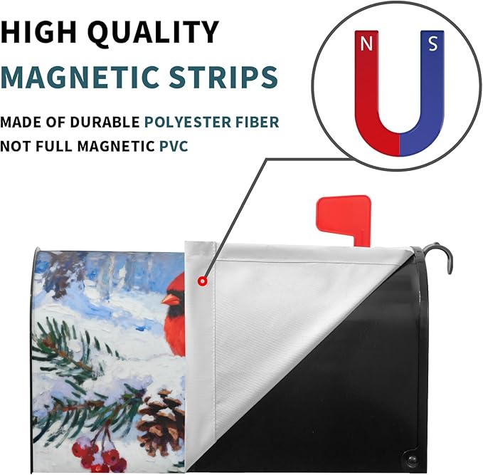 Winter Christmas Cardinal Mailbox Covers Magnetic Standard Size Pinecone Holly Twig Bird Snow Scene Holiday Outdoor Decorative Seasonal Letter Box Cases for Home Garden Outside Decor, 21x18 Inch