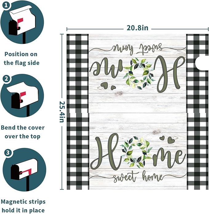 Home Sweet Home Magnetic Mailbox Cover, Spring Leaf Buffalo Plaids Decorative Waterproof Mailbox Wrap Letter Post Cover for Garden Yard Outdoor Outside, 25.5x21in Large Size