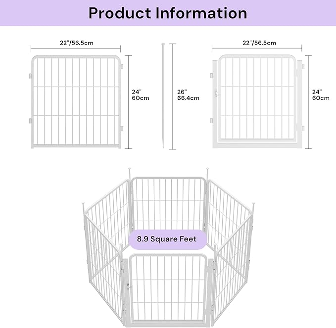SunsGrove Garden Fence with Gate, 24 in(H) x 11.1 ft(L) 6 Panels Heavy Duty Metal Animal Barrier Fence for Yard, Suitable for Indoor or Outdoor Dog Pet Fence, Garden Fence Border, White