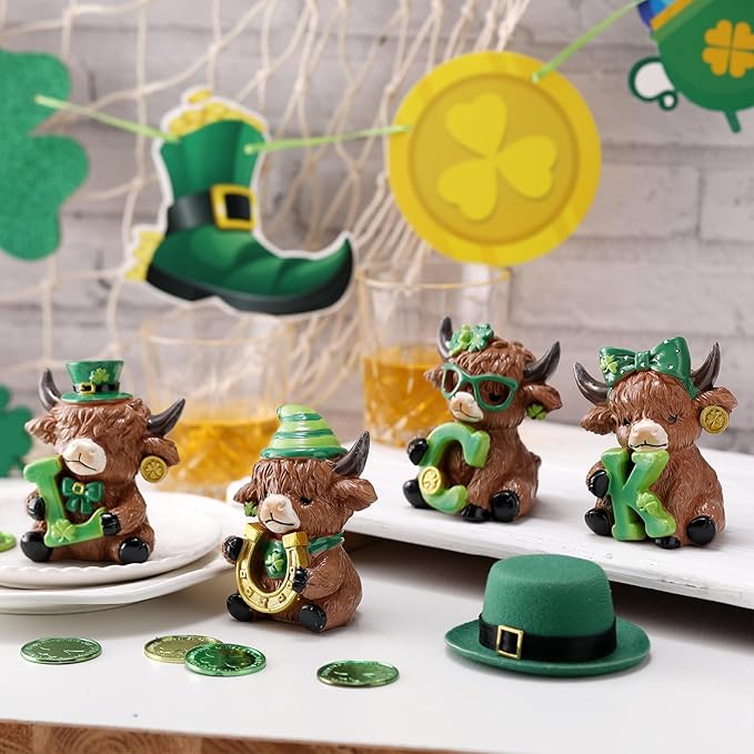 Sosation 4 Pcs Luck Highland Cow Figurines St Patricks Day Highland Cow Gnomes Irish Shamrock Scottish Resin Statue Calf Lovers Gifts for Home Garden Kitchen Office Tiered Tray Table Decor
