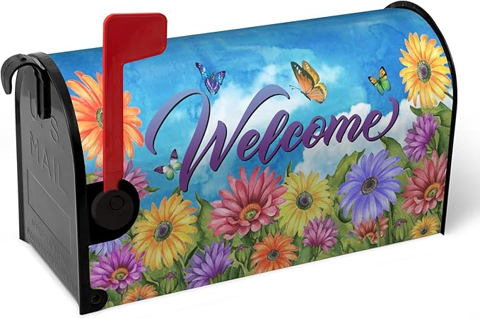 Summer Mailbox Covers Magnetic Oversized Flower Daisy Butterfly Mailbox Wraps Gerbera Welcome Fall Mailbox Post Cover Colorful Floral Mailbox Decor for Garden Yard Large Size 25.5 x 21 Inch