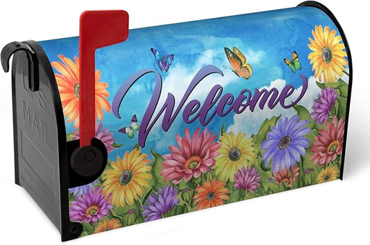 Summer Mailbox Covers Magnetic Oversized Flower Daisy Butterfly Mailbox Wraps Gerbera Welcome Fall Mailbox Post Cover Colorful Floral Mailbox Decor for Garden Yard Large Size 25.5 x 21 Inch