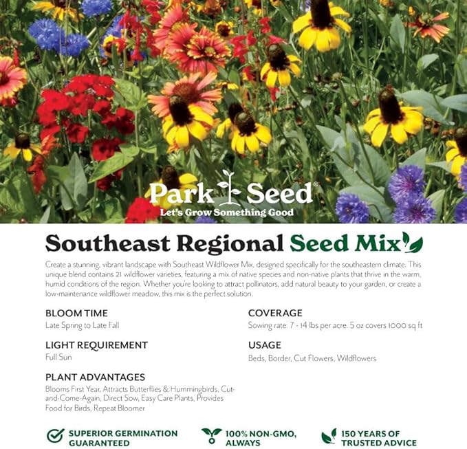Park Seed Grow Your Own Vibrant Annual and Perennial Wildflower Garden Seeds Mixture, Easy to Grow Varieties for Pollinators and Spring Gardens - Southeast Regional Mix, 1 lb