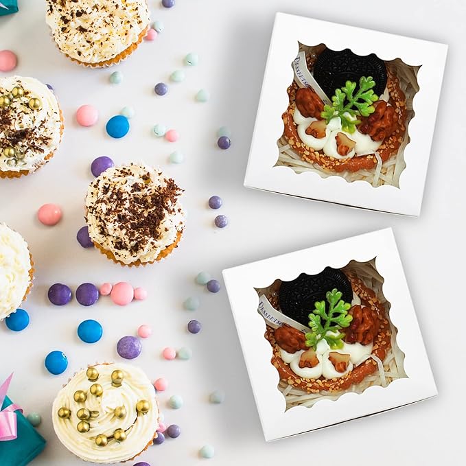 20pcs Cookie Boxes 4x4x2.5 Inch Bakery Boxes with Window Treat Box Dessert Box for Wedding Favors Party - White