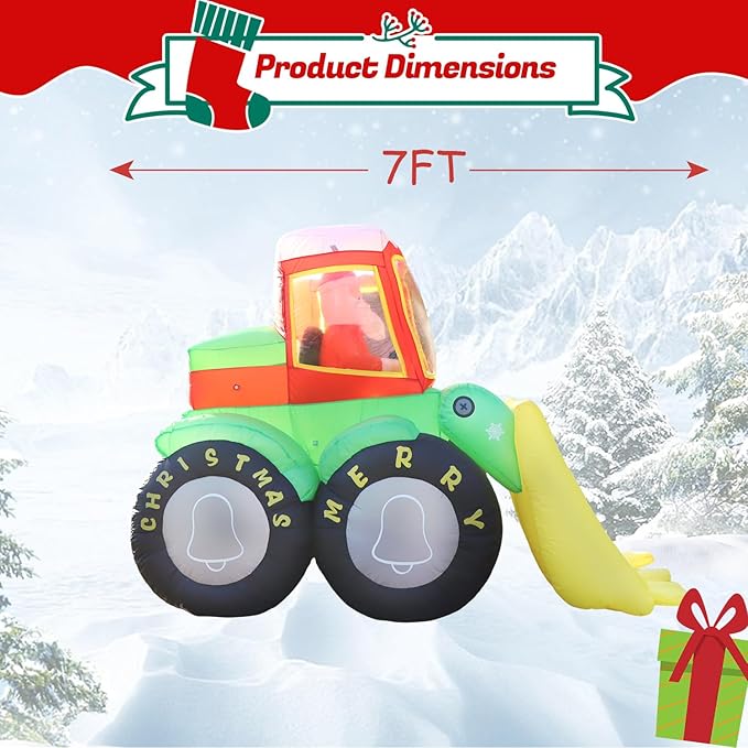 7FT Long Christmas Inflatables Santa Claus Drives Bulldozer, Funny Christmas Blow Ups Construction Vehicle Decoration, Built-in LEDs for Holiday Party Front Garden Lawn Yard Patio Outdoor