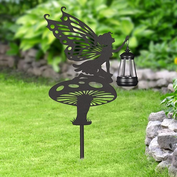 2Pack Solar Outdoor Garden Lights Stakes Solar Metal Flower Fairy Lawn Deco Statue Flower Fairy Patio Garden Decorative Stakes with Solar Lantern Christmas Birthday Gifts for Women Mom and Grandma