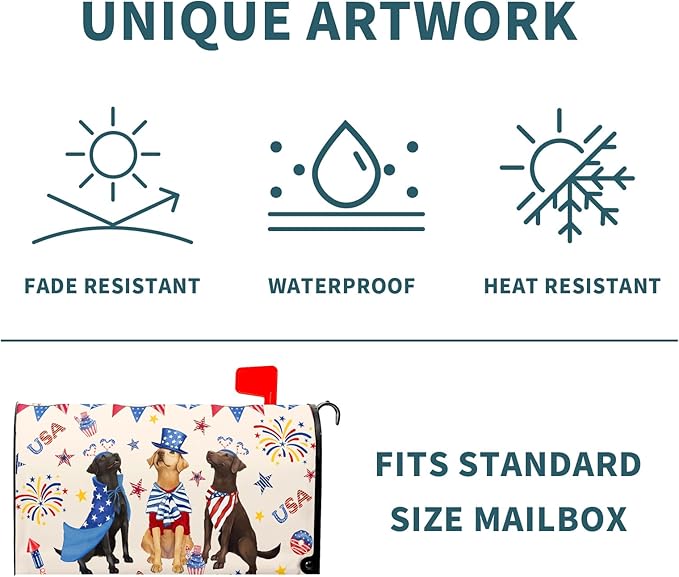21"x18" Patriotic Dogs Mailbox Cover Magnetic 4th of July Puppy Waterproof Mailbox Wrap Independence Day USA Stars Letter Post Cover Standard Size for Garden Yard Outdoor Decor
