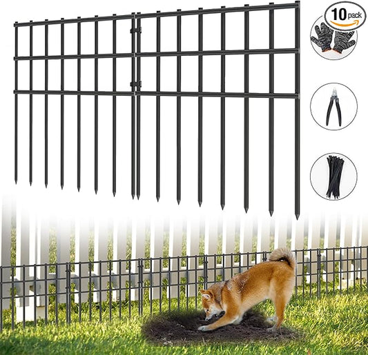 10 Pack Garden Animal Barrier Fence, 17in H x 10.8ft L, Black Modern Steel Garden Fence Panels