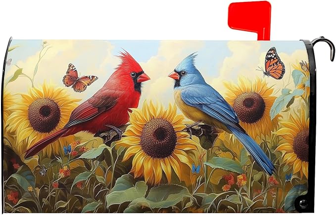 Sunflower Birds Mailbox Cover Magnetic 25.5x21 Inch Large Size Spring Summer Floral Butterfly Waterproof Mailbox Wrap Post Cover for Outdoor Outside Garden Yard Seasonal Decor
