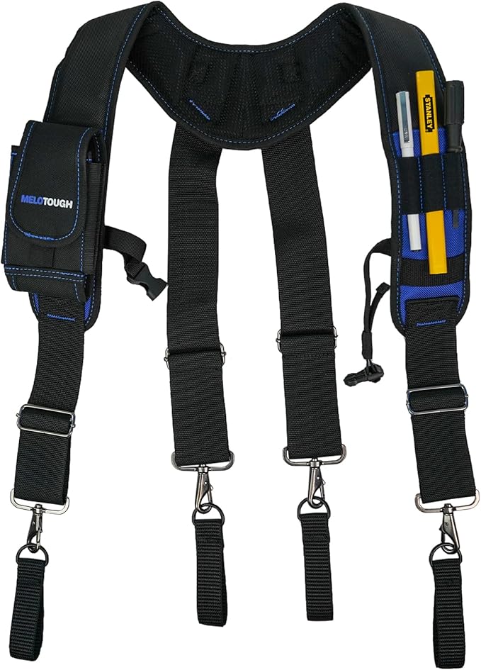 MELOTOUGH Tool Belt Suspenders Construction Work Belt Suspenders with detachable phone holder comfortable foam shoulder padder (Blue)