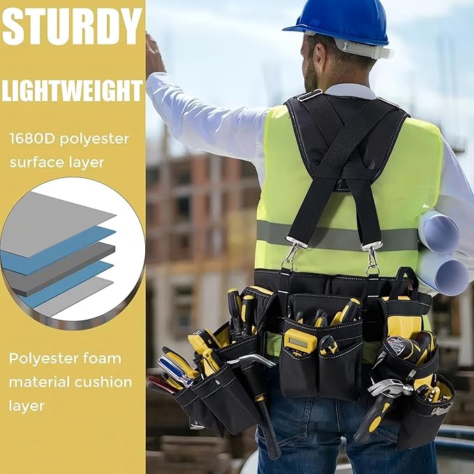Tool Belt With Suspenders, Tool Belts for Men, 22 Pockets Tool Belt, Heavy Duty Tool Organizer for Framers Carpenter Electrician Construction Woodworker Yellow