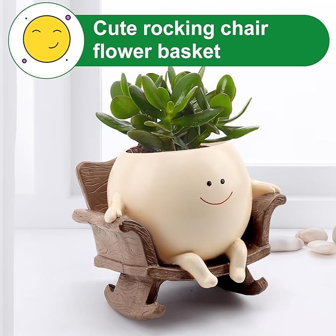 Cute Resin Flower Head Planters, Smily Face Planter Pots for Indoor Plants, Sit Rocking Chair Succulent Flower Pots with Drainage Hole, Gift IdeaI for Birthday