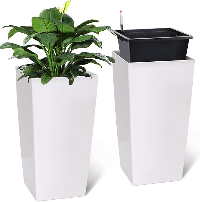 30" Tall Planters for Outdoor Plants, Large Planters Set of 2, Indoor Plant Pots, Boxes, Flower Pots, Modern Design, Built-in Drainage, Front Porch Decor White