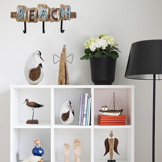 Aecipl Wood Bird Statue Standing Seagull Nautical Decor Coastal Birds Sculpture Indoor Outdoor Animal Figurine Beach Themed Decoration Rustic Home Art for Bedroom Garden (B, S+M+L)