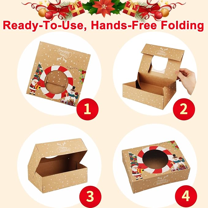 12pcs Christmas Cookie Boxes - 8.25inx5.75inx2.75in - Kraft Paper Bakery Treat Boxes for Holiday Gifts & Parties