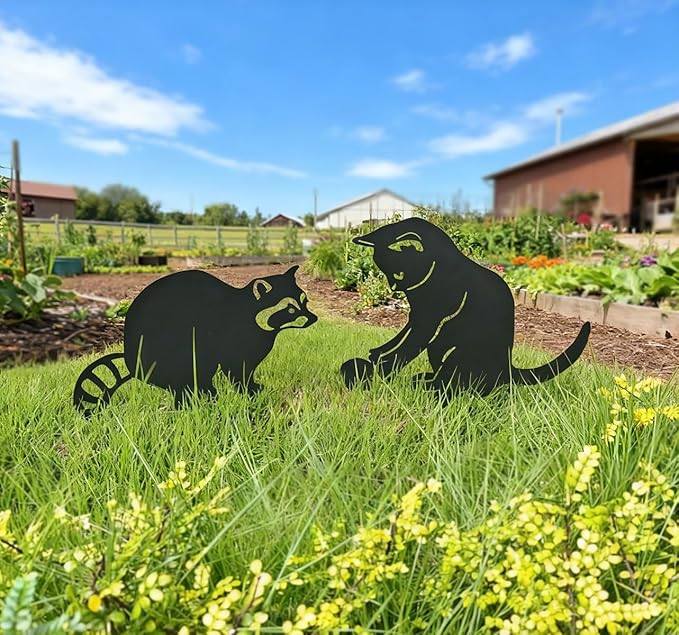 2 Pack Black Cat & Raccoon Garden Stakes, Metal Yard Art for Outside, Decorative Silhouette Statues for Garden, Lawn, Patio, Cute Outdoor Animal Ornaments (Cats and Raccoons)