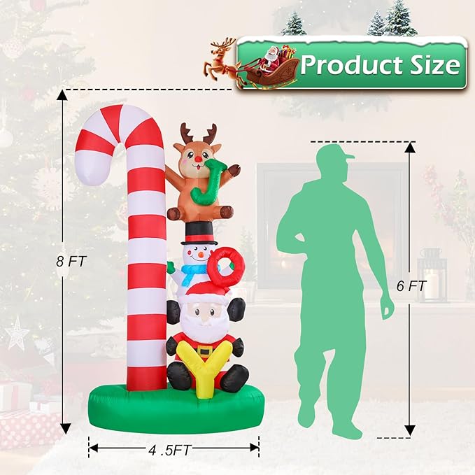 Christmas Inflatables Christmas Blow Up Yard Decorations Christmas Inflatable Candy Cane Santa Clause Snowman Reindeer Holding Joy LED Lighted Up Yard Lawn Garden Home Party Decor