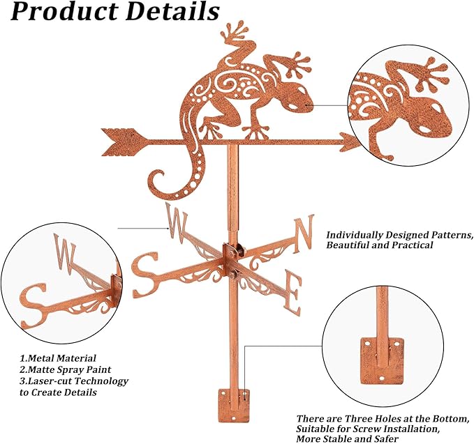 SUPERDANT Gecko Weather Vane Reptile Animal Wind Vanes for Yard Metal Weathervane Roof Mount for Gardens Outside Reddish Copper Weathervanes Farmhouse Farm Barn Sheds Patio Decorations