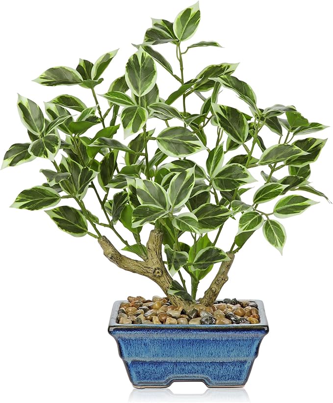 Fake Plants Small Artificial Plants Indoor 15.3" Fake Potted Plants Realistic Faux House Topiary Plants with Blue Ceramic Pot for Home Office Bathroom Kitchen Farmhouse Table Centerpieces Shelf Decor