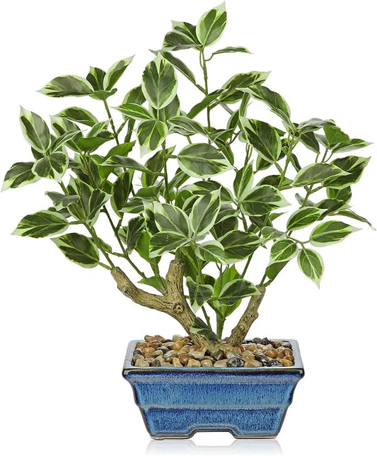 Fake Plants Small Artificial Plants Indoor 15.3" Fake Potted Plants Realistic Faux House Topiary Plants with Blue Ceramic Pot for Home Office Bathroom Kitchen Farmhouse Table Centerpieces Shelf Decor