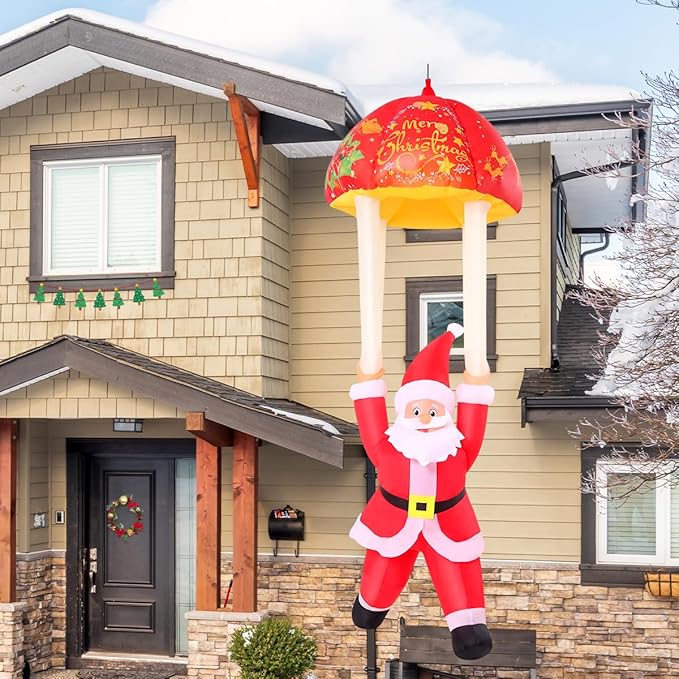 GOOSH 8.2 FT Hanging Musical Christmas Santa Inflatables Decorations, Outdoor Parachute Santa Claus Blow Up Yard with Built-in LEDs for Indoor Party Yard Garden Lawn Decor
