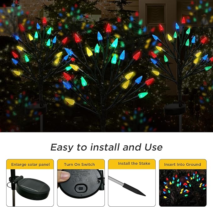 Christmas Outside Decorations Solar Pathway Lights-2PACK 40LED Multicolor C6 Strawberry Lights Xmas Decor,Outdoor Solar Christmas Lights for Garden Yard Path Party Decor