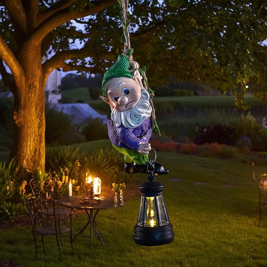 Garden Gnome Solar Lantern Decoration, Outdoor Figurine, Green and Purple, Weather-Resistant Resin