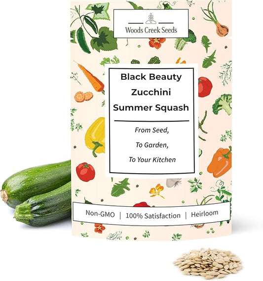 Woods Creek Seeds: Black Beauty Zucchini Summer Squash Seeds for Planting - Over 90 Heirloom Non-GMO Summer Squash Seeds for Planting Outdoors or Indoors - Beginner Friendly & High Yield Seed