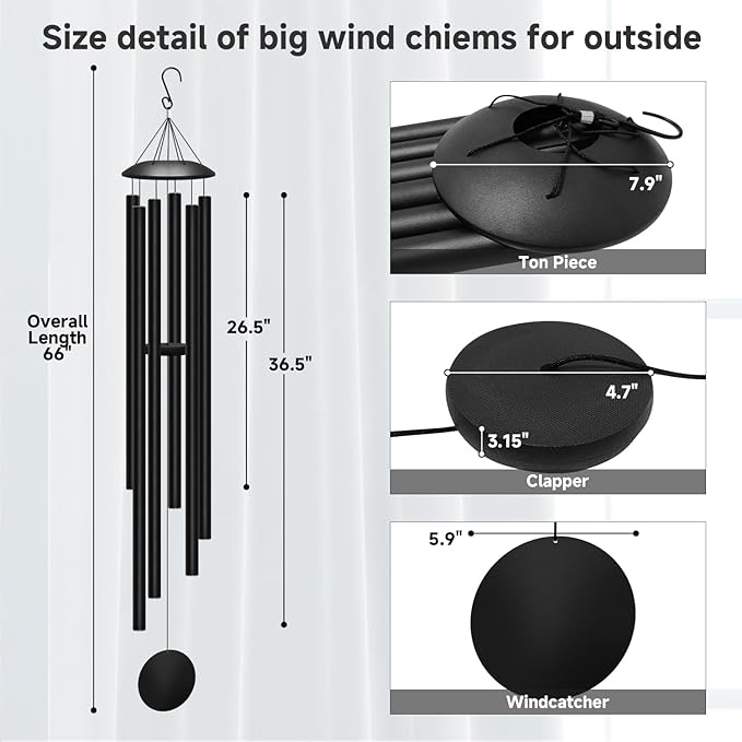 66" Extra Large Wind Chimes for Outside Deep Tone, 6 Thick and Bold Aluminum Tubes Tuned Relaxing Melody Wind Chime, Big Wind Chimes for Garden Patio Decor, Great Gift Idea for Mother's Day (Black)