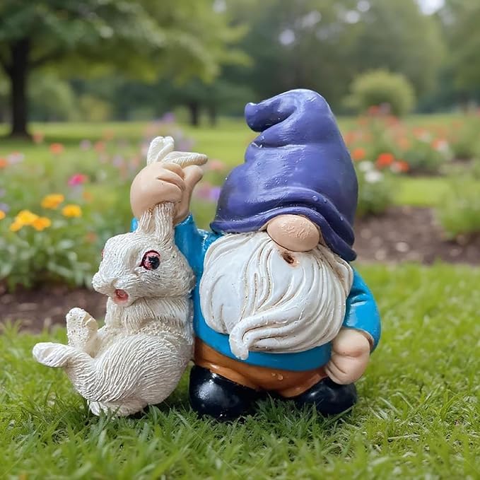 Funny Garden Gnomes with Rabbit Outdoor Statues Gnomes Decorations for Yard Lawn Patio Fairy Garden Figurines Plant Decorations for Pots, Novelty Gifts