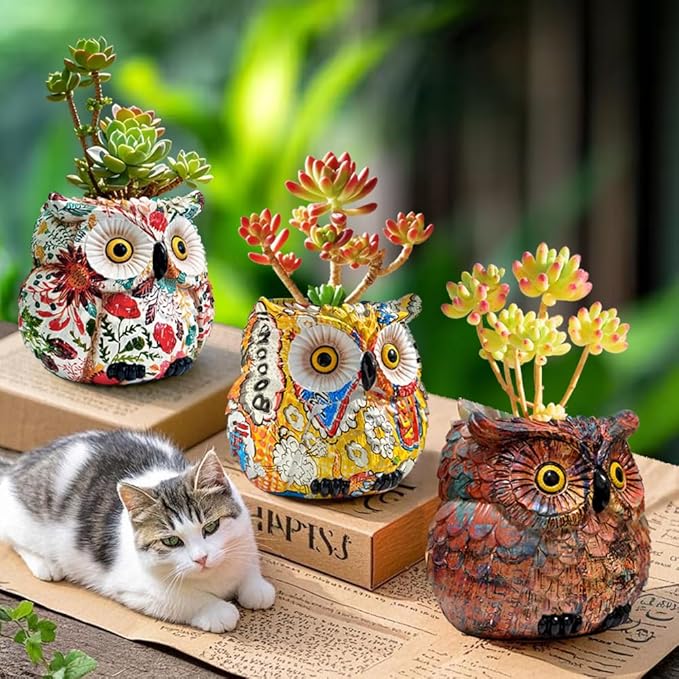 Yellow Owl Planter, Owl Flower Pot, Owl Succulent Pots, Owl Statue Decor, Animal Plant Pots Indoor/Outdoor, Cute Flower Pots with Drainage, Figurine Plant Pot, Decorative Planters Gifts for Women