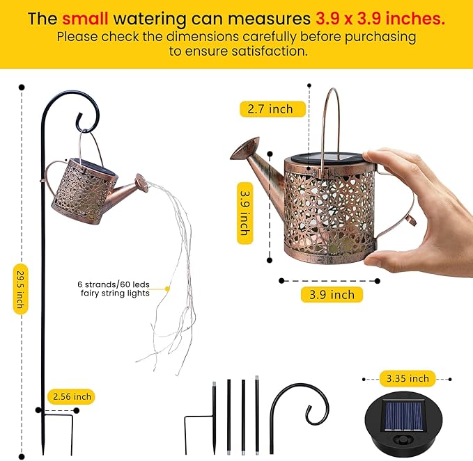 Outdoor Solar Metal Watering Can Small Hanging Decorative Waterproof Lights for Garden Decor, Yard Lights, Outside Patio Lawn, Gifts for Mom Grandma Women Birthday,1 pack, Warm White