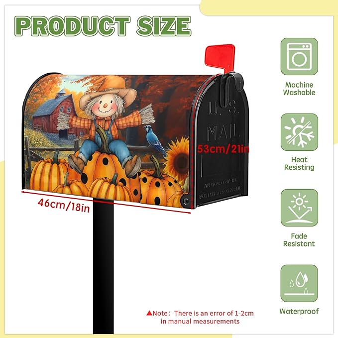 Fall Mailbox Covers Magnetic Scarecrow Pumpkin Mailbox Cover Standard Size 21x18 inch Harvest Autumn Sunflower Post Letter Box Cover Wrap for Outdoor Garden Decor Maple Leaves