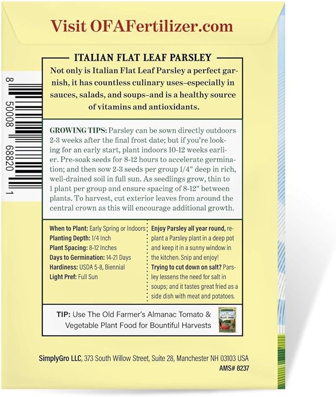 The Old Farmer's Almanac Heirloom Parsley Seeds (Dark Green Italian Flat Leaf) - Approx 1500 Seeds - Non-GMO, Open Pollinated, USA Origin