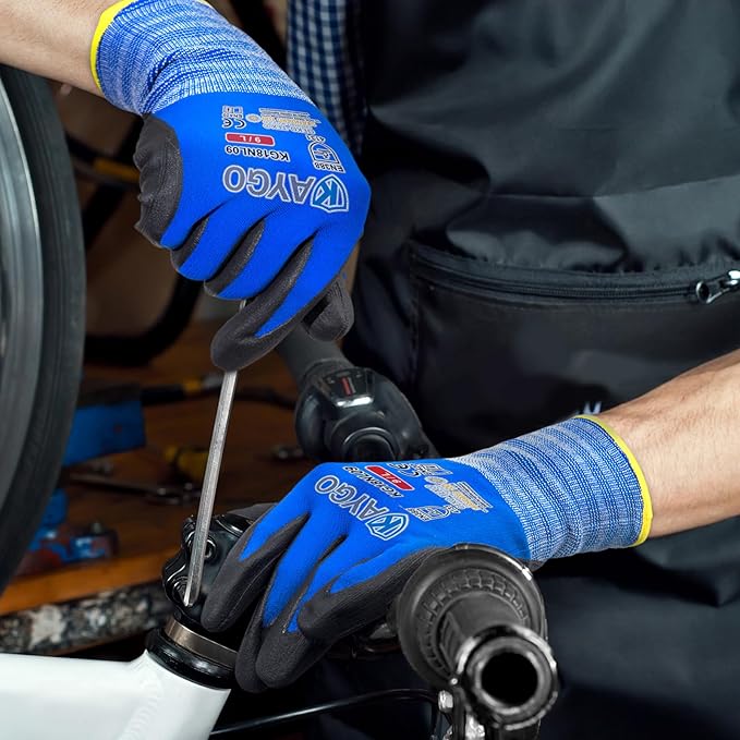KAYGO Safety Work Gloves MicroFoam Nitrile Coated, 3 Pairs, KG18NB,Seamless Knit Nylon Glove with Black Micro-Foam Nitrile Grip,Ideal for General Purpose,Automotive,Home Improvement,Blue, XL