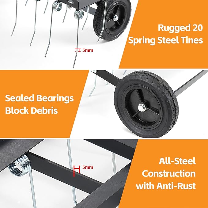 Tow Behind Dethatcher: 40inch Pull Behind Lawn Rake with 20 Spring Steel Tines Heavy Duty Lawn Tractor Attachments for Large Yard Garden Care