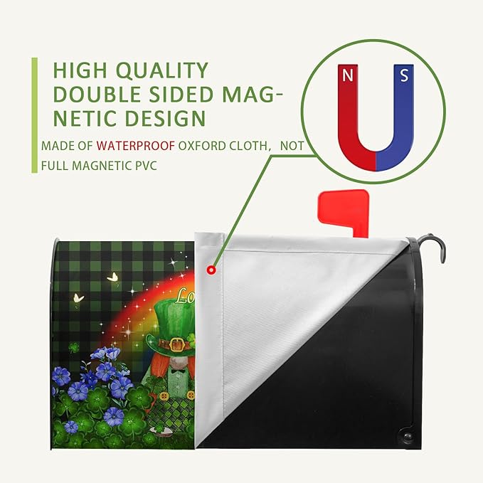 St. Patrick's Day Mailbox Cover Green Checkered Leprechauns Magnetic Mailbox Covers Gnomes Hat Shamrock Coin Clover Mailbox Wrap Rainbow Butterfly Loads of Luck Letter Post Box Cover