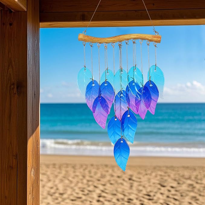 Glass Leaves Wind Chimes for Outdoor Memorial Decor - Unique Wind Chimes for Garden, Yard, Porch & Backyard, Durable Outside Decoration with Handcrafted Glass Design