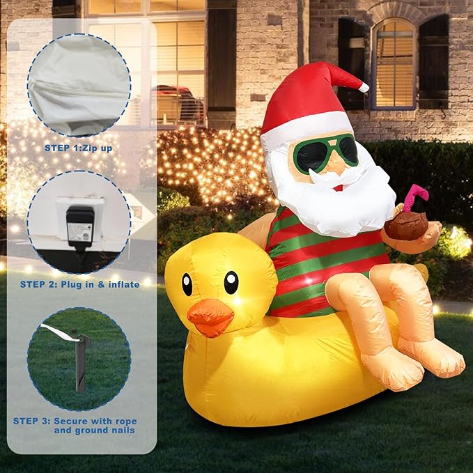 4.5FT Christmas Inflatable Outdoor Decoration Santa on Duck Inflatable Christmas Decoration Cute Blow Up Duck Santa Claus Inflatable with LED Lights for Yard Garden Lawn Xtmas Party Decor