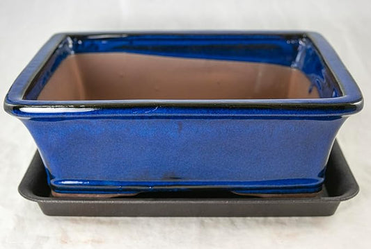 Yubonzai Rectangular Dark Blue Glazed Bonsai Pot, Cactus & Succulent Planter with Mesh - 10"x 8"x 3.25" (Pot + MESH + Tray)