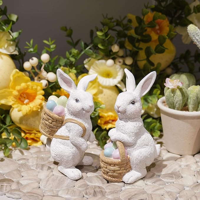 Easter-Basket Bunny-Decor-Figurines Home-Decorations - 2PC Easter Decorations Table Ornaments Resin Spring Bunny Carry Egg Basket Tabletop Decorations for Home Farmhouse 5.25H inch Newman House Studio