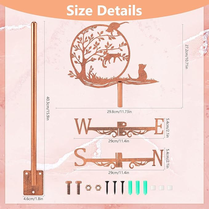 SUPERDANT Tree Cat Weather Vane Playing Cats Wind Vanes for Yard Animal Metal Weathervane Roof Mount for Gardens Outside Reddish Copper Weathervanes Farmhouse Farm Barn Sheds Patio Decorations