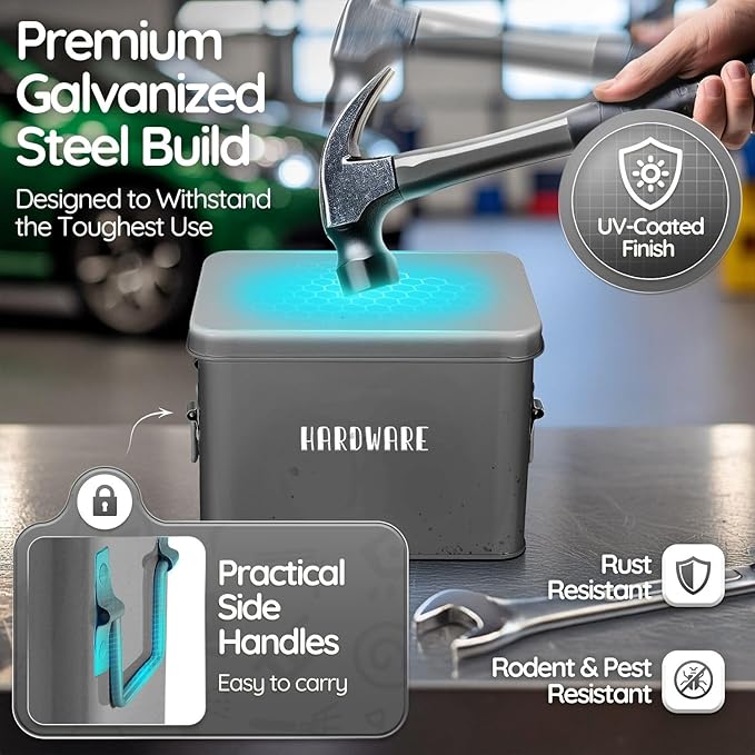 Flexzion Tin Storage Box with Removable Tray, 8 Inch Seed Organizer Box and Metal Seed Holder Organizer with Hinged Lid, Toolbox Container for Crafts, Hardware, Tools, Essentials, Gray