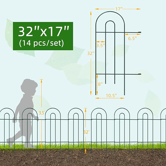 Decorative Garden Fence Border 32inX20ft Outdoor Green No Dig Temporary Iron Wire Edge Flowers Fencing Panels Rustproof Metal Folding Garden Fencing for Yard