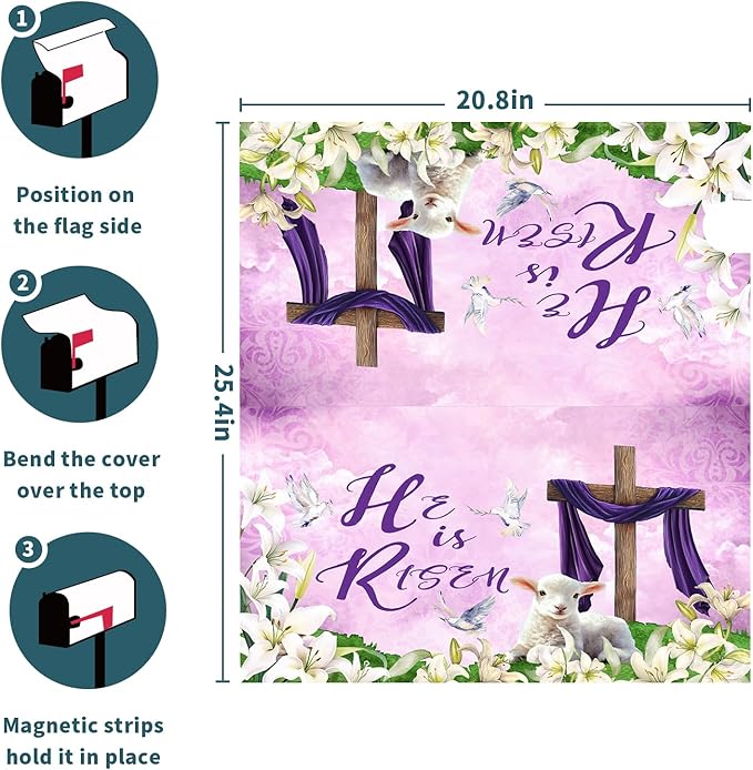 He is Risen Mailbox Cover Magnetic, Easter Cross Lamb Mailbox Wrap 25.5x21 Inch, Spring Lily Flowers Large Size Waterproof Letter Post Cover for Yard Garden Outdoor Outside Home Decor